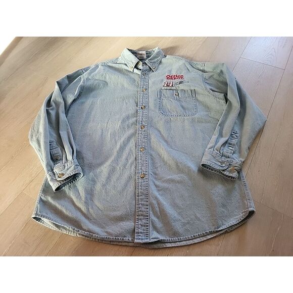 TONY STEWART Chase DENIM BUTTON DOWN SHIRT MENS L BLUE NASCAR OFFICE DEPOT‎ 14 - Picture 1 of 7